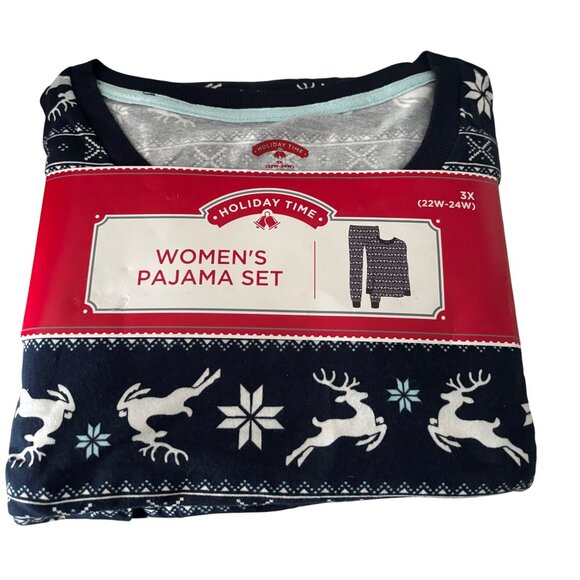 Holiday Time Women's Pajama Set Size 3X Navy w/ White Reindeer Snowflakes Cotton - Picture 1 of 5